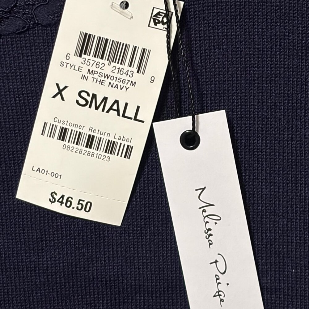 Melissa Paige Sweater XS Navy Blue Lace Knit Short Sleeve Top Luxe Coquette - Picture 5 of 8